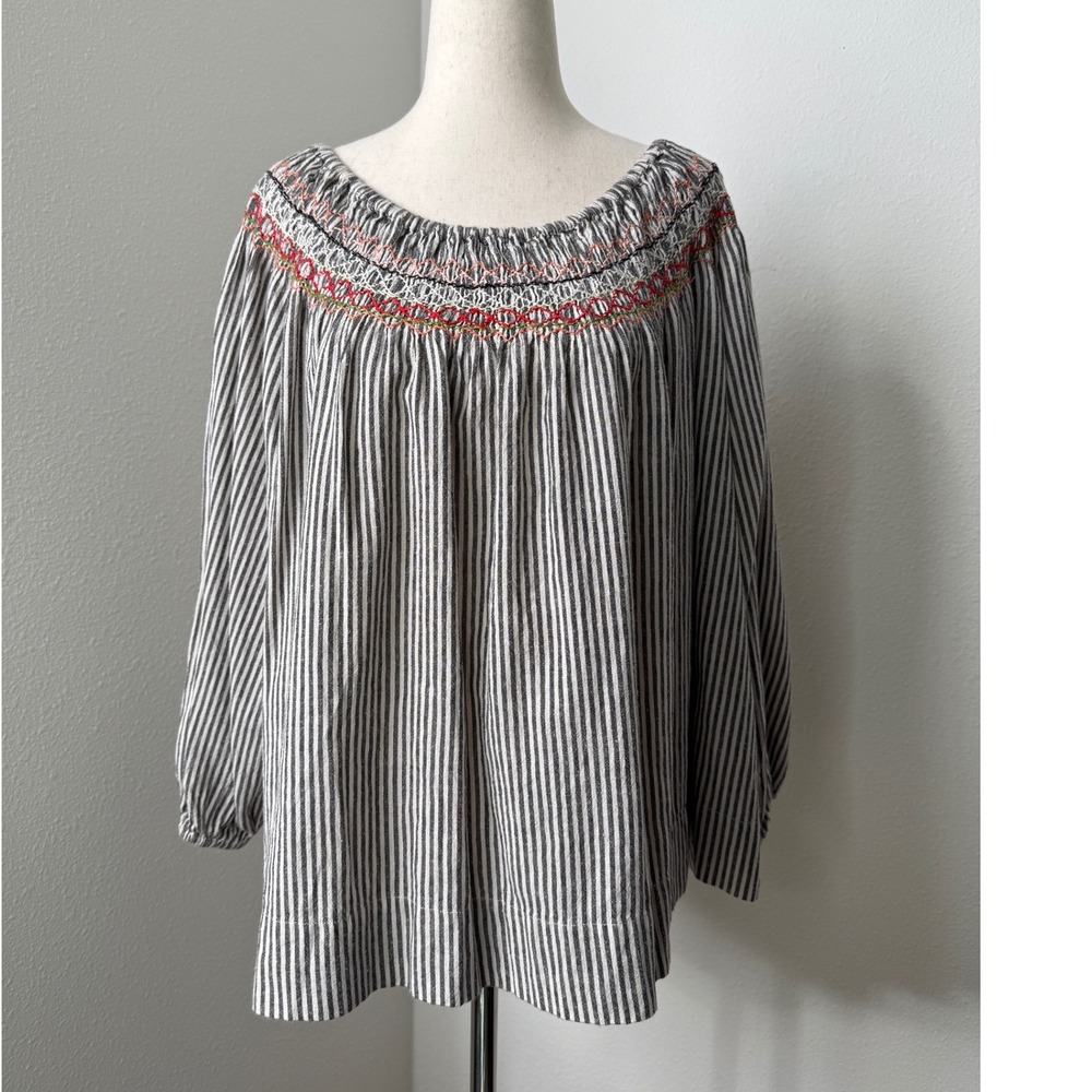 THE GREAT. Womens Top Smocked Stripe Blouse Long Sleeve Size 2 Medium